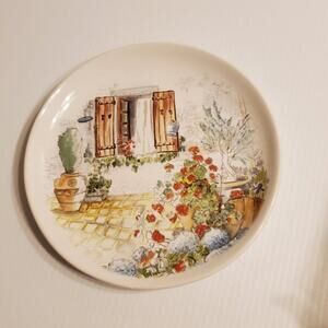 Ceramisia Stoneware 9" diameter Plate. Outdoor window and flower Scene Italy